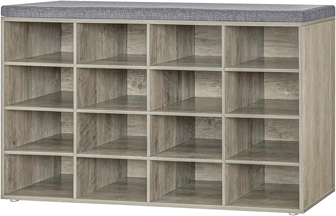 DINZI LVJ Shoe Storage Bench with Cushion, 16-Cubby Shoe Rack, Adjustable Shelves, Multifunctional Shoe Organizer Bench for Entryway, Mudroom, Hallway, Living Room, Bedroom and Garage, Gray Wash