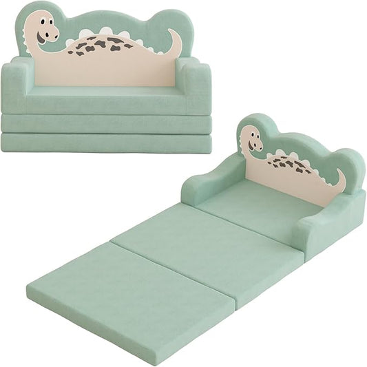 2-in-1 Kids Couch Fold Out, Convertible Toddler Couch to Lounger, Toddler Chair Comfy, Kids Sofa for Girls and Boys, Gift for Birthday, Children's Day, Dinosaur Green