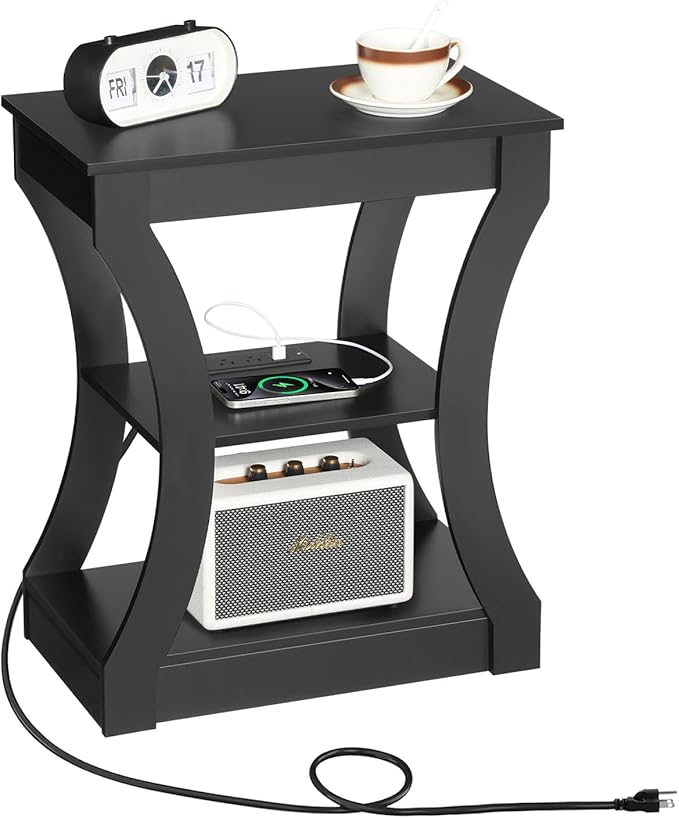 End Table with Charging Station, Side Table with USB Ports and Outlets, 3 Tier Nightstand with Storage Shelf for Small Spaces, Living Room, Bedroom, Black ETBK53E01