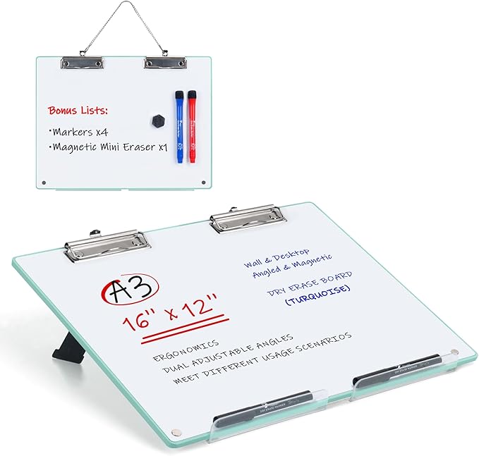 Large A3 Writing Easel Desk Adjustable Dry Erase, Keyboard Stand for Desk, Learning Portable Clipboard Magnetic, White Board Dry Erase Wall Hangable, Slant 18°/13° for Teachers & Students, Mint Frame