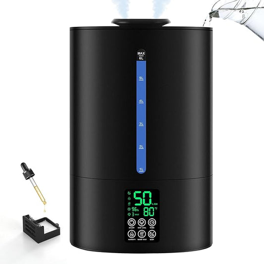 6L Humidifiers for Bedroom Large Room Home, Cool and Warm Humidifier for Plants Mist Top Fill Desk Humidifier Essential Oil Diffuser, Quiet Humidifiers with Adjustable Mist,360°Nozzle-Black