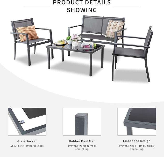 Shintenchi 4 Pieces Patio Furniture Set All Weather Textile Fabric Outdoor Conversation Set, with Glass Coffee Table, Loveseat, 2 Single Chairs for Home, Garden, Lawn, Porch（Gray）