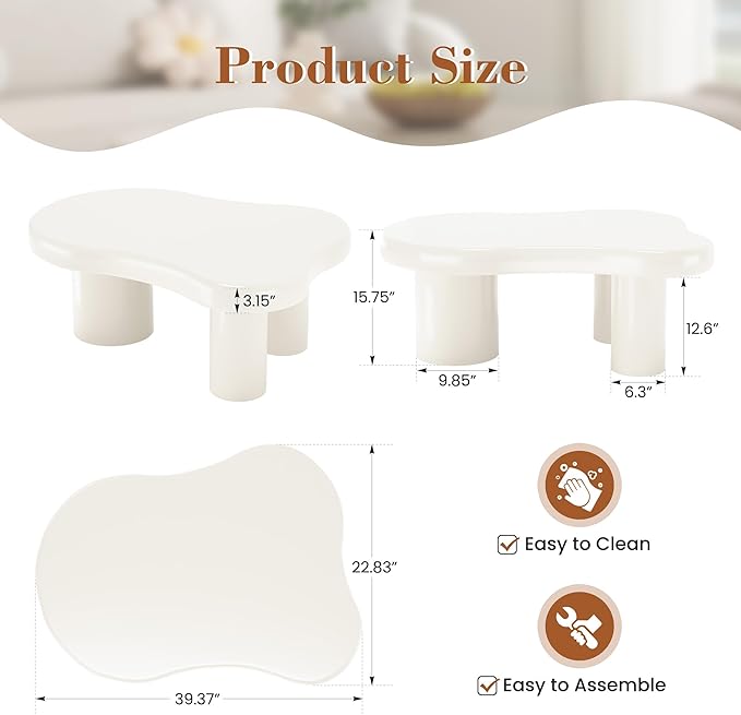 Coffee Table- Cloud Coffee Table, Unique Irregular Living Room Tables, Modern Cute Tea Tables with 3 Sturdy Legs for Apartment Nursery Indoor, Easy Assemble& Clean