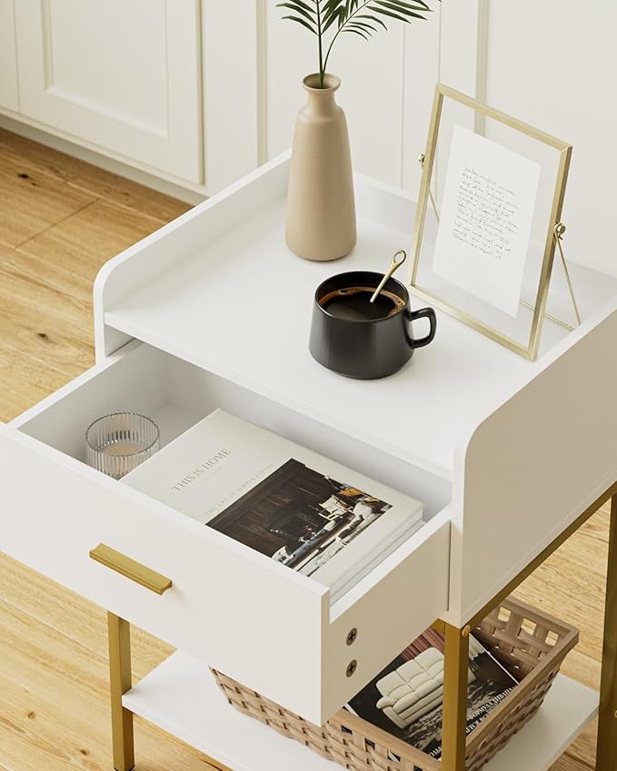 Nightstand,3-Tier Modern Night Stand,Bedside Table with Storage Drawer and Shelf,Small Side Table for Bedroom,Living Room,White