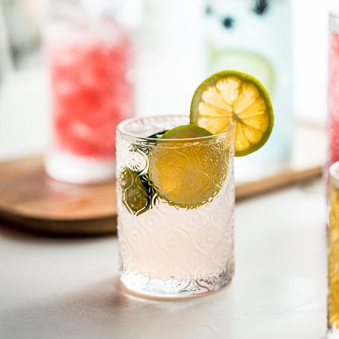 Glass Cups Vintage Glassware Set of 4, Drinking Glasses 9oz, Embossed Pattern Style Transparent Cocktail Glasses Set, for Ice Coffee,Juice,Beer,Bar Beverages,Drinkware, Transparent (S)