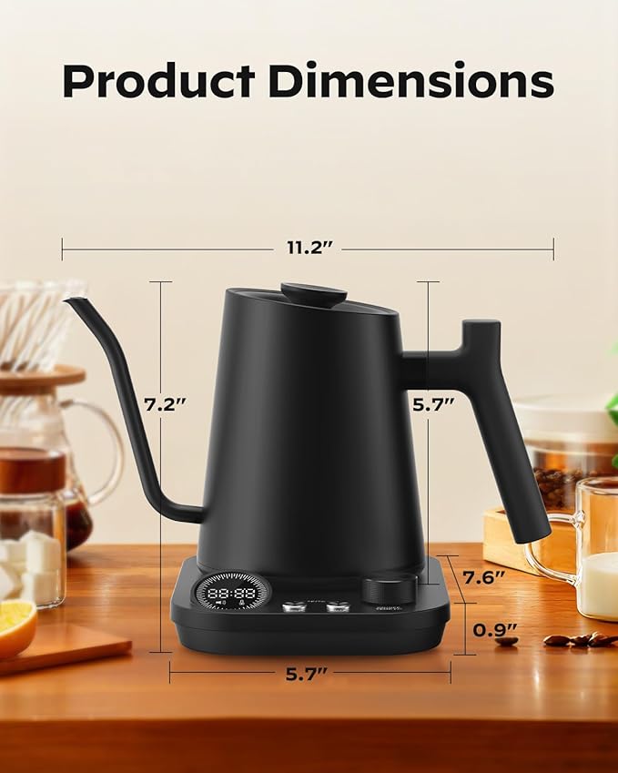 Silonn Electric Gooseneck Kettle - ±1°F Precise Temp Control, 0.9L 304 Stainless Steel | 4-Hour 212°F Keep Warm, 7 Presets & LED Brew Timer for Pour-Over Coffee