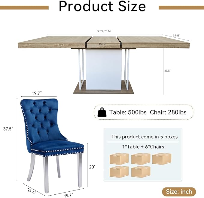 Goujxcy 78.7" Farmhouse Extendable Dining Room Table Set for 6, 7-Piece Rectangle Kitchen Dining Room Table Set with Wood Base and 6 Blue Velvet Dining Chairs, Extending Kitchen & Dining Table Set