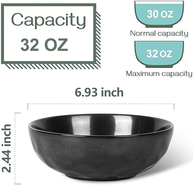 vicrays Ceramic Pasta Bowls Set, 32 Ounce Soup Bowls, Large Salad Bowls, Chip Resistant, Dishwasher Microwave Safe, Fluted stoneware Bowls for Kitchen, Serving Bowls - Set of 6 Black