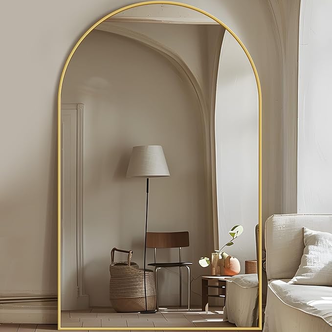 Full Length Mirror, 76"x44" Oversized Floor Mirror Freestanding, Full Body Mirror Floor Standing Mirrors with Stand, Hanging Mounted Mirrors for Bedroom Living Room, Gold, Arched Style