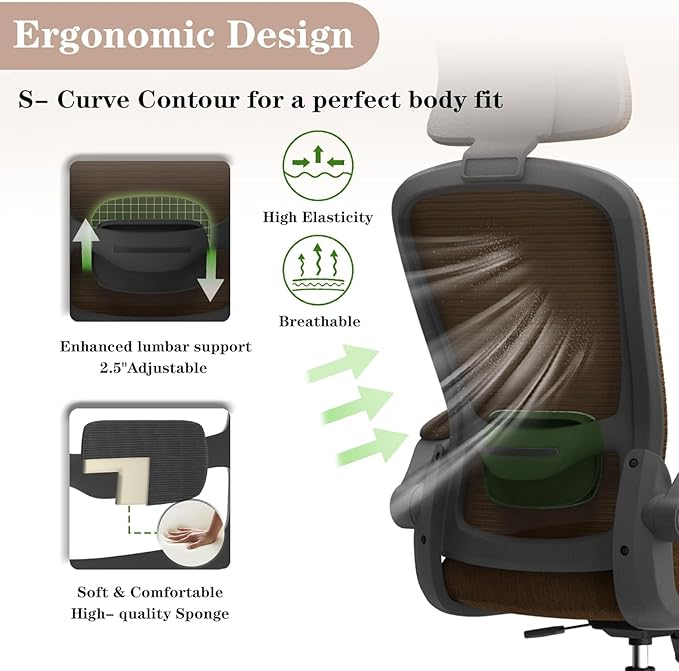 Ergonomic Mesh Home Office Chair | High Back Computer Desk Chair with Adjustable Lumbar Support & Headrest | Swivel Task Chair with Flip-Up Armrests for Home & Office, Brown