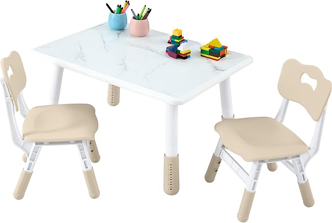 Toddler Table and Chair Set for Ages 3-8, Adjustable Kids Table and Chairs for Reading,Drawing, Eating, Children Activity Table with Graffiti Tabletop for Daycare/Classroom/Home/Preschool