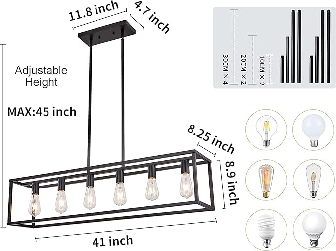 Farmhouse Rectangle Chandeliers for Dining Rooms, Kitchen Fixture Lights Pendant Lights Kitchen Island Black 6-Light Industrial Pendant Lighting for Kitchen Island