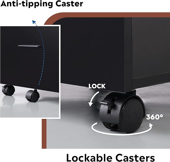 DEVAISE Wood File Cabinet, 2 Drawer Filing Cabinet for Home Office, Vertical File Cabinets with Wheels fits A4/Letter/Legal Size File, Black