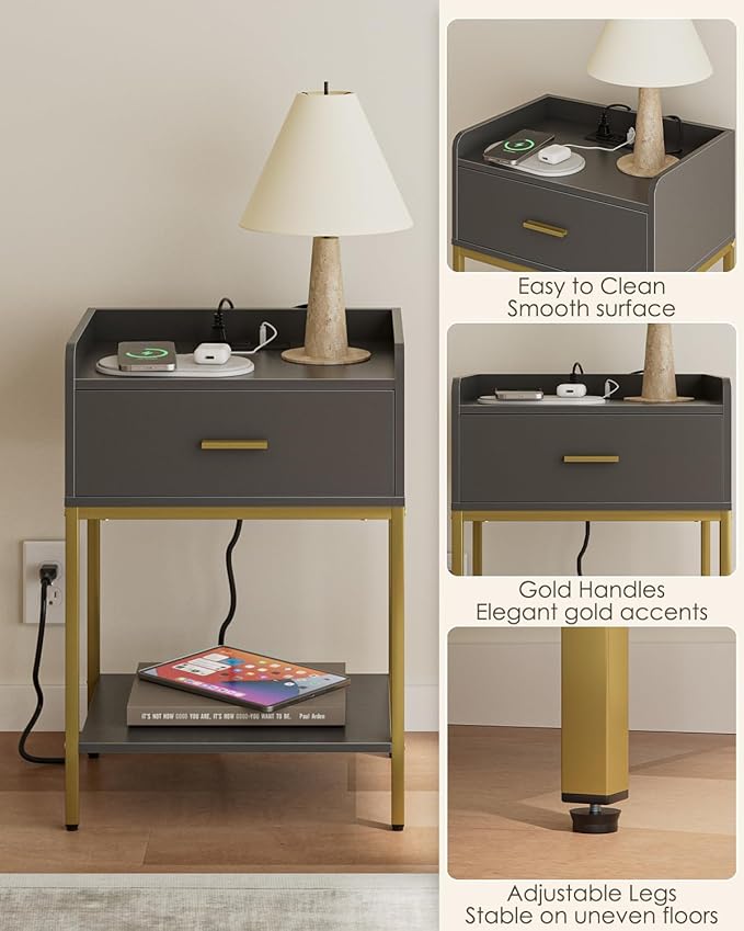 Masupu Nightstand with Charging Station,3-Tier Modern Bedside Night Stand with Storage Drawer and Shelf,Small End Side Table for Bedroom,Living Room,Grey