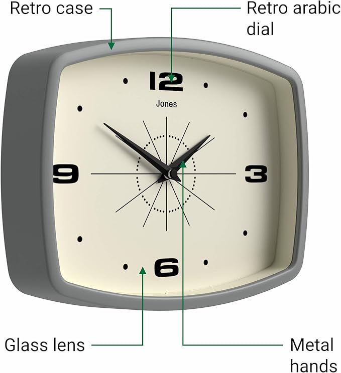 JONES CLOCKS® Movie Wall Clock | Rectangular Retro Clock | 25cm | Gray | Cool mid-Century Designer Look for Kitchen, Living Room or Office