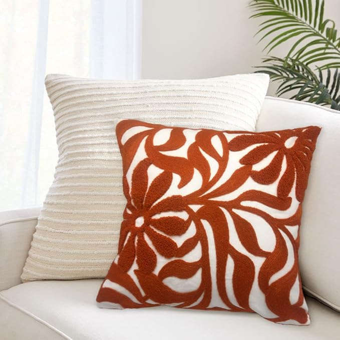 Alysheer Farmhouse Floral Leaves Embroidered Decorative Throw Pillow Cover 18x18 inches, Boho Tufted Flowers Embroidery Pattern Chic Cotton Cushion Case for Couch Bed Sofa Living Room(Burnt Orange)