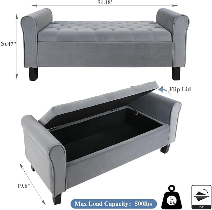 Storage Ottoman Bench with Arms, Velvet End of Bed Bench for Bedroom, Button Tufted Storage Bench for Entryway, Living Room,Hallway, Large Storage Bench Foot Rest (Dark Grey)