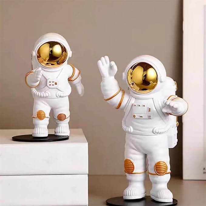 Gold White Astronaut Statues Set of 3, Outer Space Sculpture Figurines for Home Decor Cake Toppers