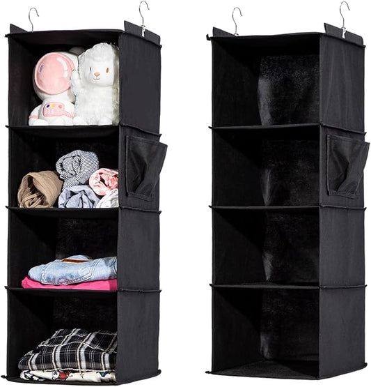 2 Packs Hanging Closet Organizer, 4-Shelf Closet Organizers and Storage with Side Pockets, Collapsible Hanging Shelves for Closet & RV & College Dorm,Black
