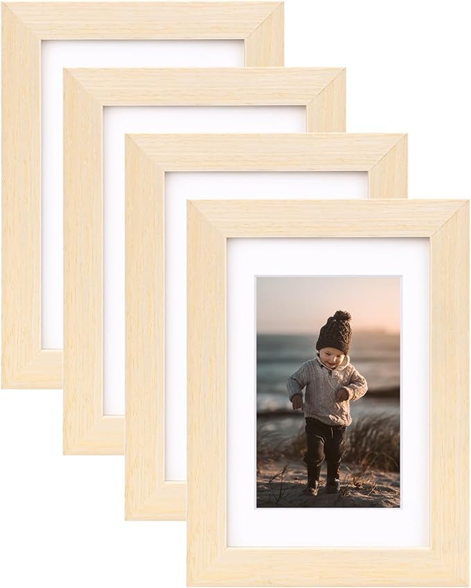 KINLINK 4x6 Picture Frames White Oak, Light Wood Frames with Acrylic Plexiglass for 3.5x5 with Mat or 4x6 without Mat, Tabletop and Wall Mounting Display, Set of 4