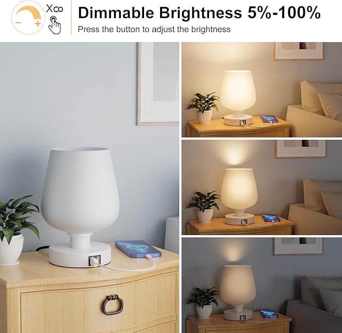 Touch Bedside Table Lamp - Modern Small Lamps for Bedroom Living Room Nightstand, Desk Lamps with White Opal Glass Lamp Shade, Warm LED Bulb, 3 Way Dimmable, Bulb Included