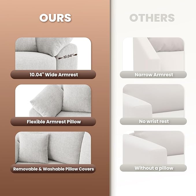 90" Boneless Loveseat Sofa, Cloud Foam Couch, 3 Seater Upholstered Midcentury Mondern Love Seat, Wide Armrest and 4 Pillows for Home Living Room/Small Spaces, No Assembly Required, Beige