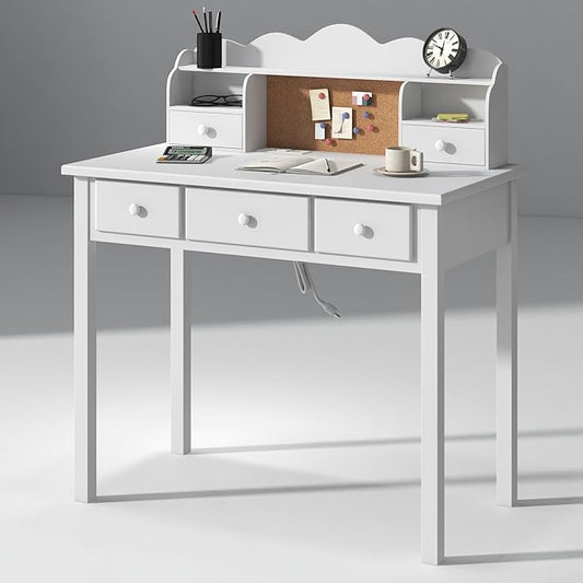 Home Office Furniture Writing Desk, 36 Inch Computer Work Station with Detachable Hutch for Small Place, 5 Drawers(White)