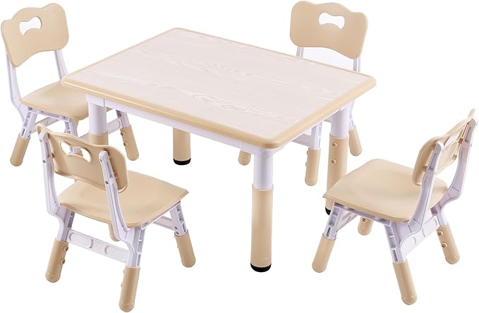 Height-Adjustable Kids Table and 4 Chairs Set, Toddler Table and Chair Set with Graffiti Desktop, 31.5''L x 23.6''W Children Activity Table for Daycare, Classroom, Home