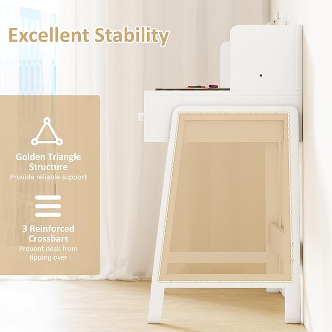 INFANS Table and Chair Set, Toddler Wooden Student Study Desk with Chair Storage Hutch Compartments Drawers for Writing Drawing, Children Furniture for Bedroom School Boys Girls 3+ Years Old (White)