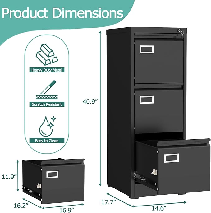 GREATMEET 3 Drawer File Cabinet with Lock, Metal Vertical File Cabinets for Home Office, Black Filing Cabinet for Letter/Legal/A4/F4 Size File,Assembly Require
