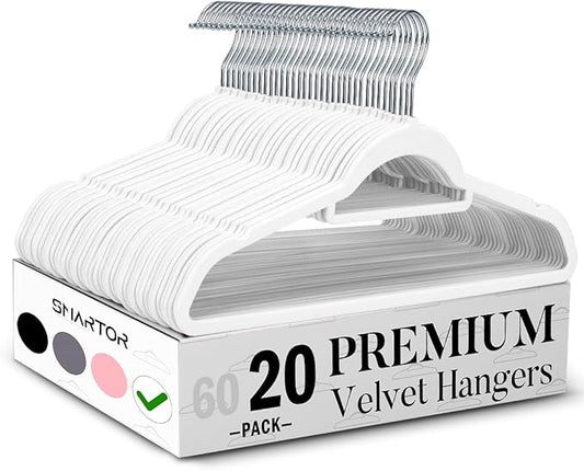 Smartor White Velvet Hangers 20 Pack, Space Saving Clothes Hangers with Tie Bar, Non-Slip Felt Hanger with Shoulder Notches, Heavy Duty Suit Hanger for Coat, Shirt, Pants, Dress