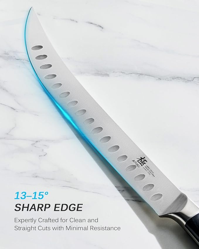 KYOKU 10" Scimitar Knife, Samurai Series Cimitar Breaking Knife with Pakkawood Handle, Japanese High Carbon Steel Butcher Knife, Full Tang Meat Slicing Knife for Roast Ham Poultry with Sheath and Case