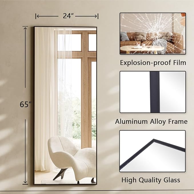 Koonmi Large Mirrors, 65"x24" Full Length Mirror with Stand, Full Body Mirror with Aluminum Alloy Frame, Hanging or Leaning Against Wall Floor Standing Mirrors for Bedroom Living Room, Black