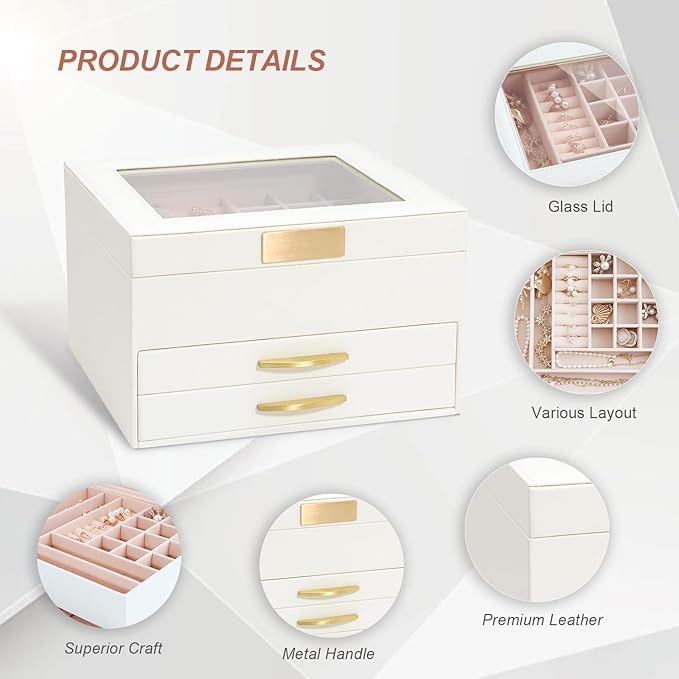 Jewelry Storage Box with Glasses Lid, 3-Tiers Jewelry Organizer Box for Women Girls, Jewelry Case for Rings, Bracelets Earrings, Necklaces (White)