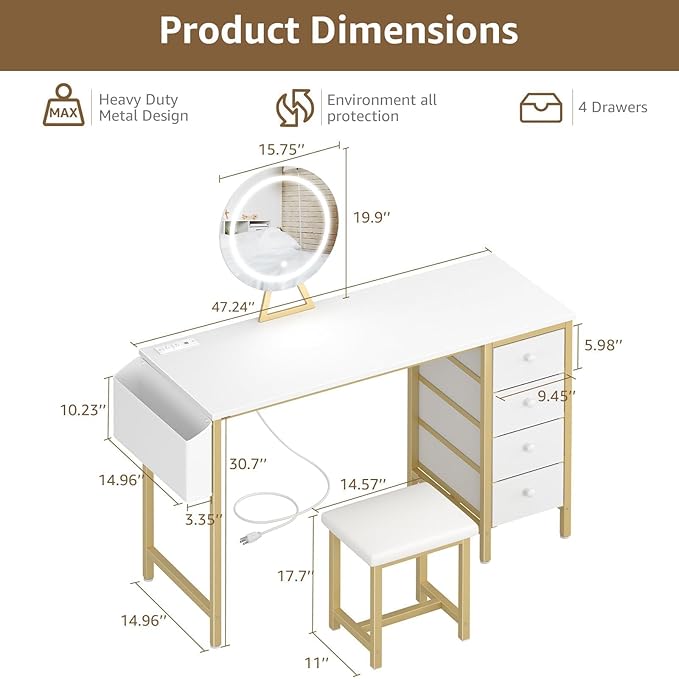 Gold Vanity Desk with Mirror and Light- Makeup Vanity Set Table with Chair, Storage, Lighted Mirror, 4 Large Fabric Drawers & Power Outlet, Dressing Table Vanities for Girls Bedroom