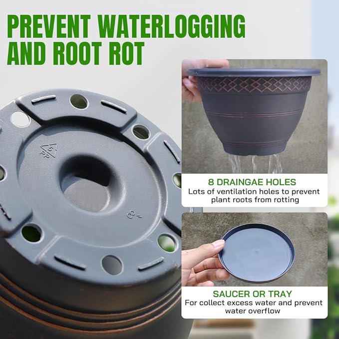 4 Pack 16 Inch Large Plant Pots, Plastic Flower Pot for Indoor & Outdoor with Drainage Holes & Saucer, Plaid Pattern Planters Garden Pots for Herbs