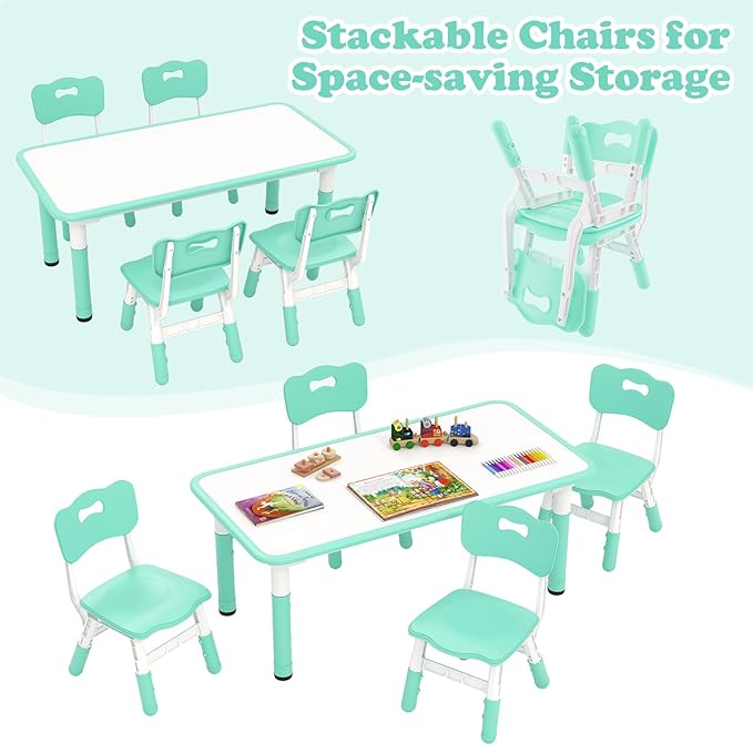 INFANS Kids Table and Chiar Set, Height Adjustable Toddler Desk and 4 Chairs with Graffiti Desktop Non-Slip Legs, Large 47" L x 23.5" W Multi-Activity Art Table for Daycare Classroom Home (Green)