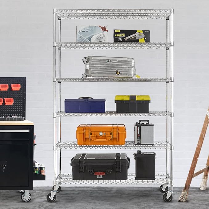 PayLessHere Commercial Grade 6 Tier Adjustable Storage Shelf Heavy Duty Metal Shelf NSF Certified Wire Shelving Unit with Wheels 6000LBS Capacity 18" D x 48" W x 72" H,Chrome