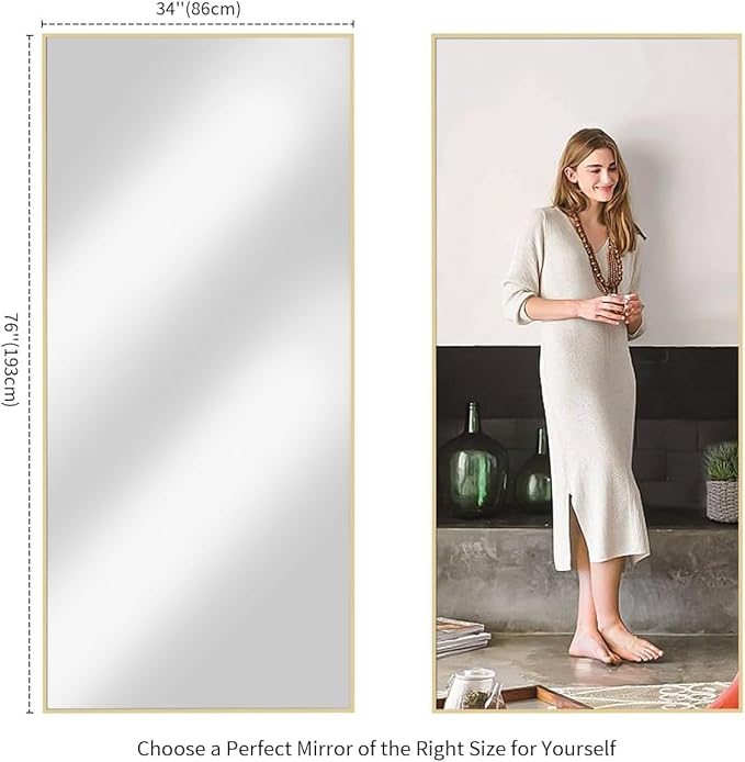 Koonmi 78"x35" Floor Mirror Full Length, Bedroom Floor Body Mirror with Stand, Large Gold Mirror, Leaning, Standing or Hanging Horizontally/Vertically (Gold)