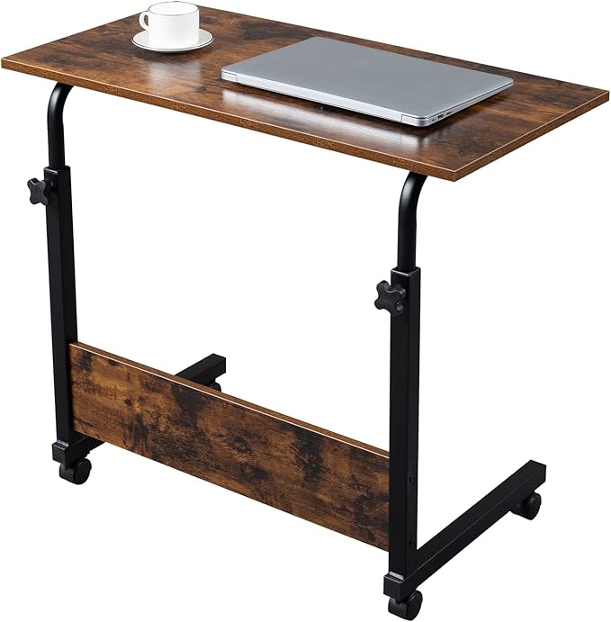 Goujxcy Sofa Side Table C Shaped End Table with Wheels, Rolling Bedside Laptop Table Snack Table TV Tray, Height Adjustable, Wooden Top & Metal Frame