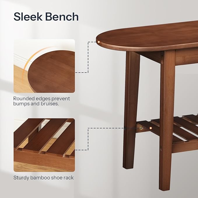 HOOBRO Dining Bench, 2-Tier Bamboo Farmhouse Entryway Bench, Indoor Storage Wooden Bench for Living Room, Dining Room, Hallway, Bedroom, Entryway, Bathroom, Brown BR06CD01