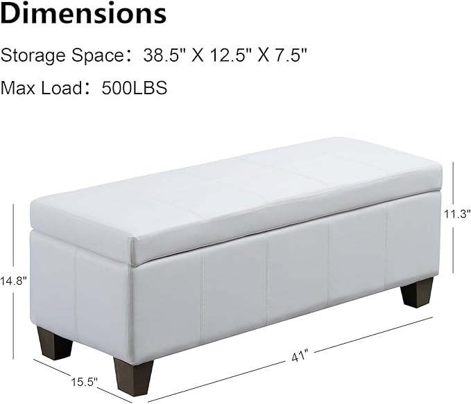 White Faux Leather Ottoman with Storage, Rectangular Extra Long Storage Bench for Bedroom and Living Room