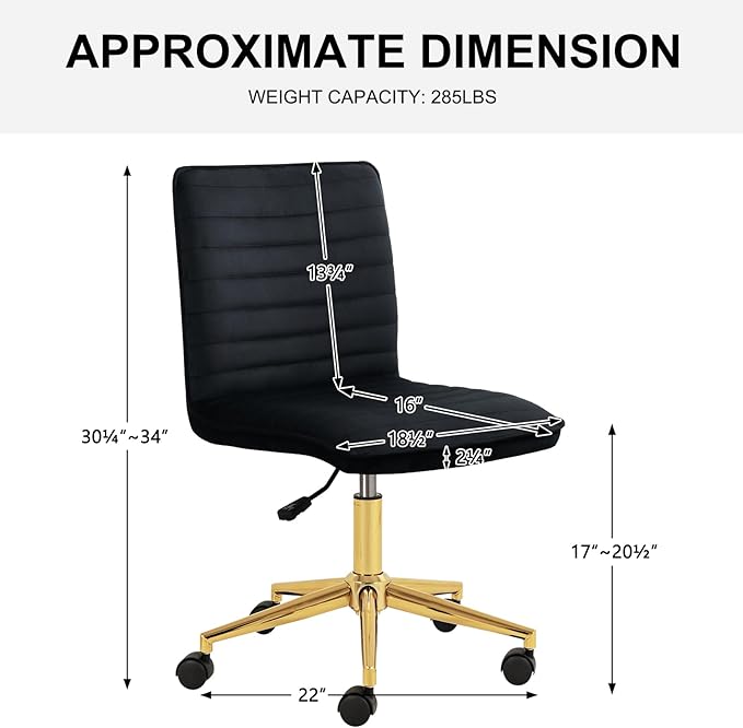 Furnimart Black Swivel Armless Desk Chair with Wheels, Small Velvet Upholstered Home Office Chair Mid-Back Adjustable Chair for Bedroom Dorm Living Room (Velvet-Black)