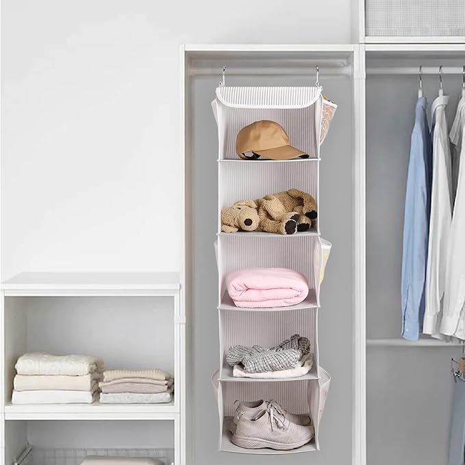5 Shelves Hanging Closet Organizer, 2 Pack Hanging Storage with 6 Side Pockets for Clothes Shoes, 43"x12"x12"(Strip)