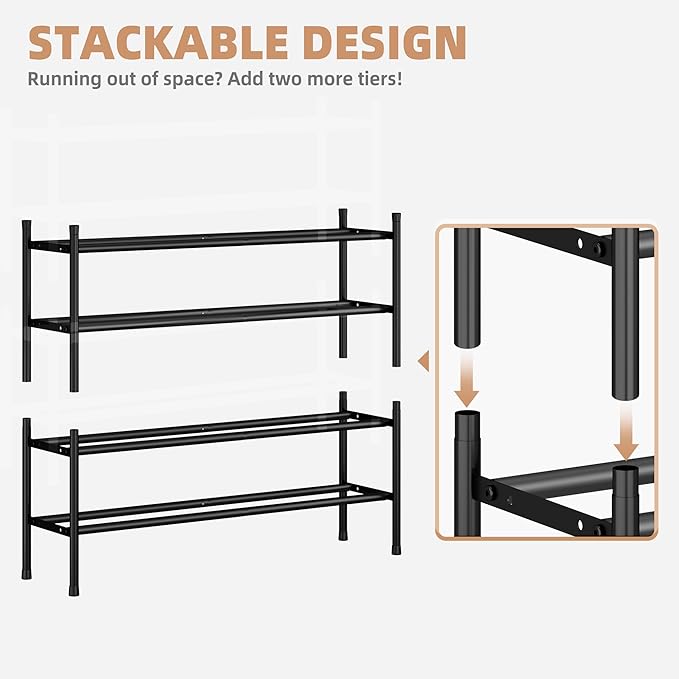 STORAGE MANIAC Long Expandable Shoe Rack, 12 Pairs Metal Wide Stackable Shoe Rack, Adjustable Shoes Shelf, Freestanding Shoes Organizer for Closet, Entryway, Hallway, Garage, Front Door, 2 Tiers