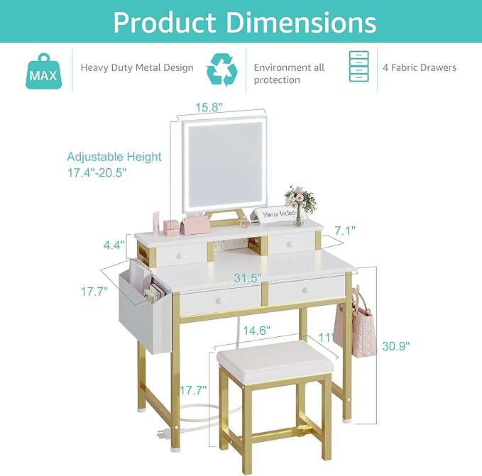 Small Makeup Vanity Desk with Lights, 31 inch Girls Vanity Set with Mirror and Chair, Make Up Dresser Table with Drawers and Power Outlet for Bedroom Small Space, White and Gold
