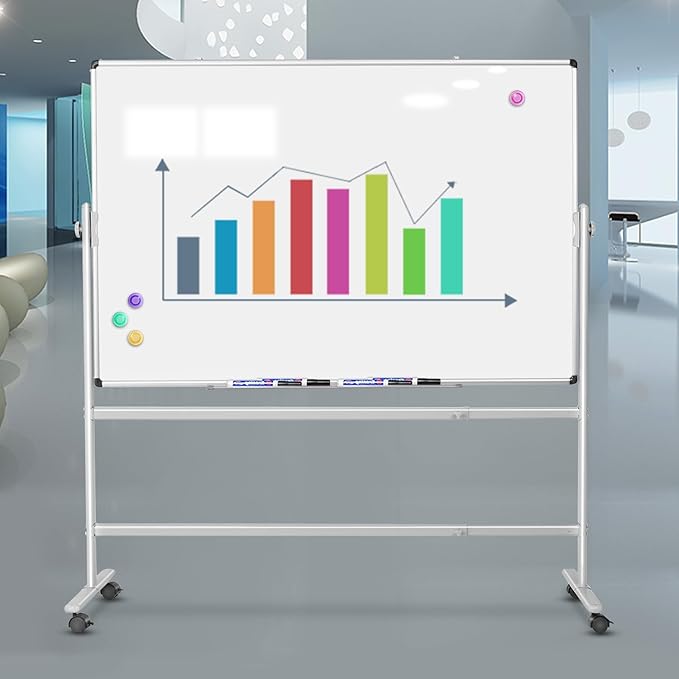 Rolling White Board 36x24 in, Dry Erase Board with Stand, Double-Sided Magnetic Mobile Whiteboard, Height-Adjustable for Office Classroom and Home