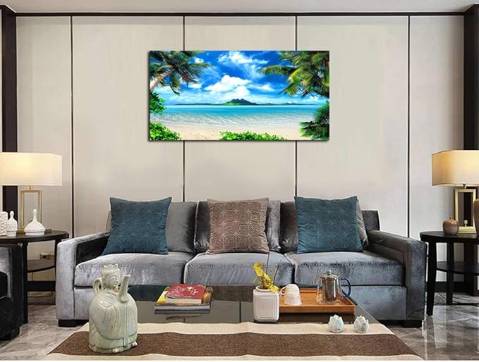 DZL Art S72774 Canvas Wall Art Ocean Waves Coconut Trees on Sands Beach Seascape Scenery Painting Nature Picture for Bedroom Home Office Wall Decor