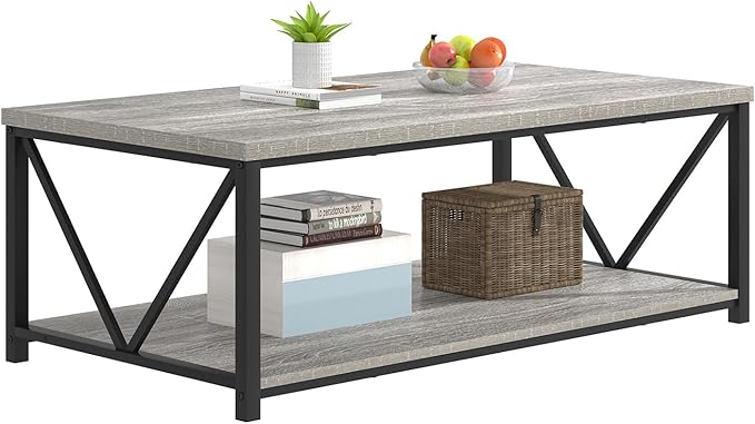 FOLUBAN Coffee Table, Modern Rectangle Living Room Table with Storage Shelf, Rustic Wood and Metal Center Table, Light Grey, 47 Inch