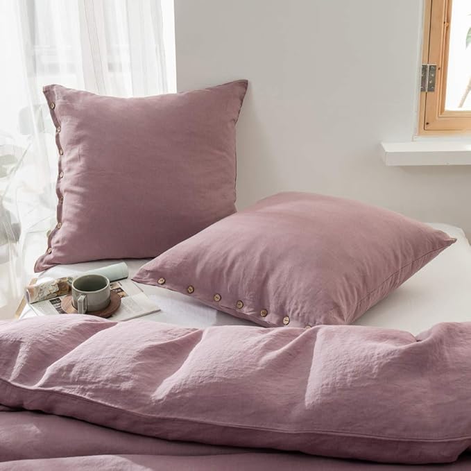 Simple&Opulence 100% Washed Linen Euro Sham Cover, 26 x 26 Inch, Decorative Bed Pillow Cover with Coconut Button, Solid Color Pillow Shams Set of 2 (Purple)